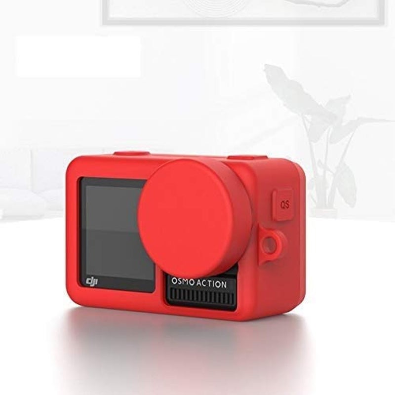 Action Pro غطاء من السيليكون المطاطي + غطاء واقي للعدسة متوافق مع كاميرا DJI OSMO Action Sports (أحمر) - Image 1