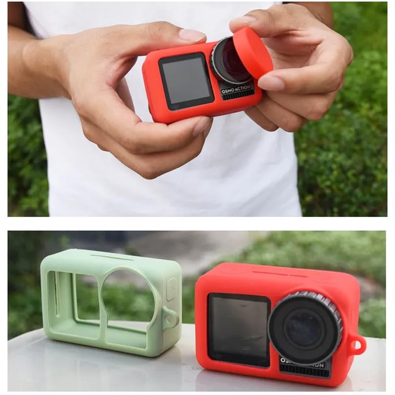 Action Pro غطاء من السيليكون المطاطي + غطاء واقي للعدسة متوافق مع كاميرا DJI OSMO Action Sports (أحمر) - Image 2