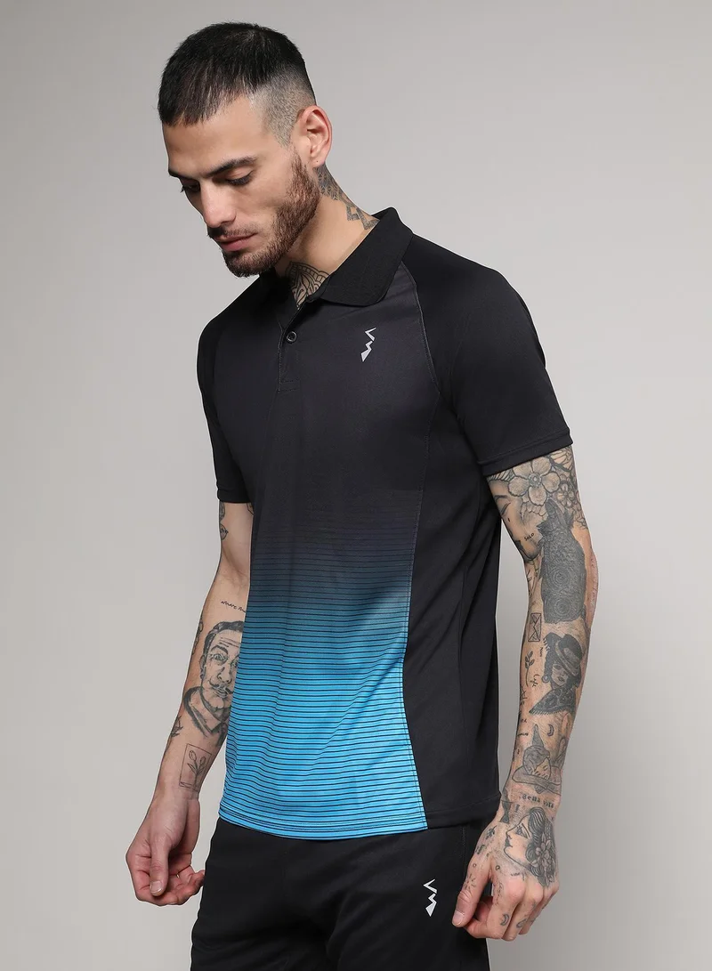 Campus Sutra Men's Jet Black & Sky Blue Ombre Polo Activewear T-Shirt