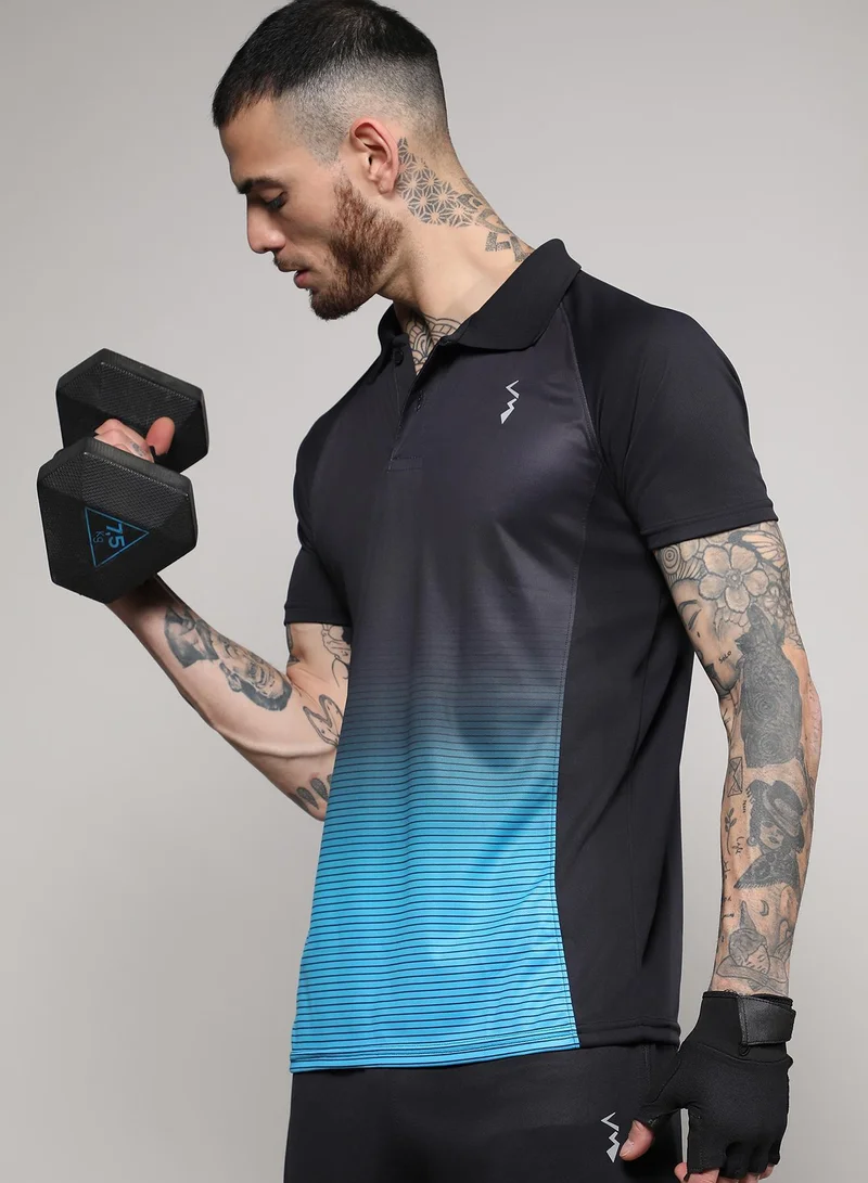 Men's Jet Black & Sky Blue Ombre Polo Activewear T-Shirt