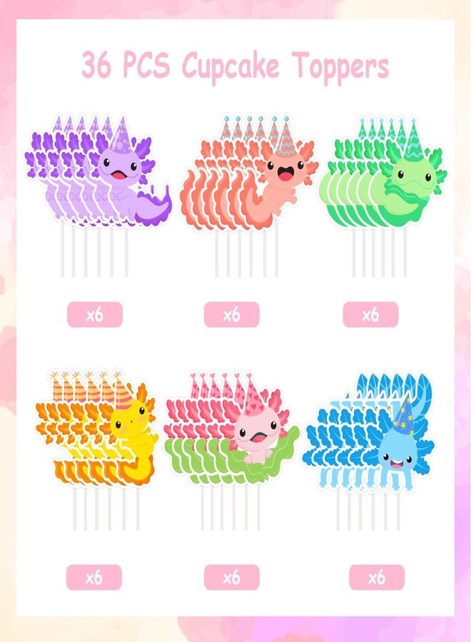 Fangleland 36 Pieces Axolotl Cupcake Toppers Birthday Decorations for Boys Girls - Cartoon Animal Axolotl Theme Cake Decors Picks Baby Shower Gender Reveal Party Favors Supplies - Image 5