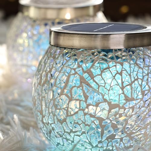 Cooo 2 Pack Gift for her him Heavy Solar Mosaic Crackle Glass Lights with Dual Solar Panels, Color-Changing RGB Lantern, Exclusive Dazzling Glass, Waterproof Outdoor Table Lamps Garden Lamp - Image 3