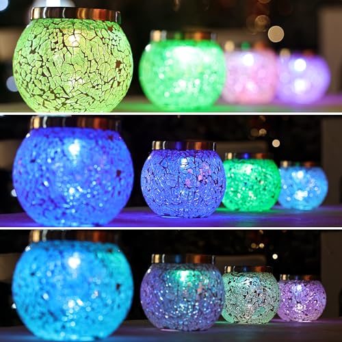 Cooo 2 Pack Gift for her him Heavy Solar Mosaic Crackle Glass Lights with Dual Solar Panels, Color-Changing RGB Lantern, Exclusive Dazzling Glass, Waterproof Outdoor Table Lamps Garden Lamp - Image 4