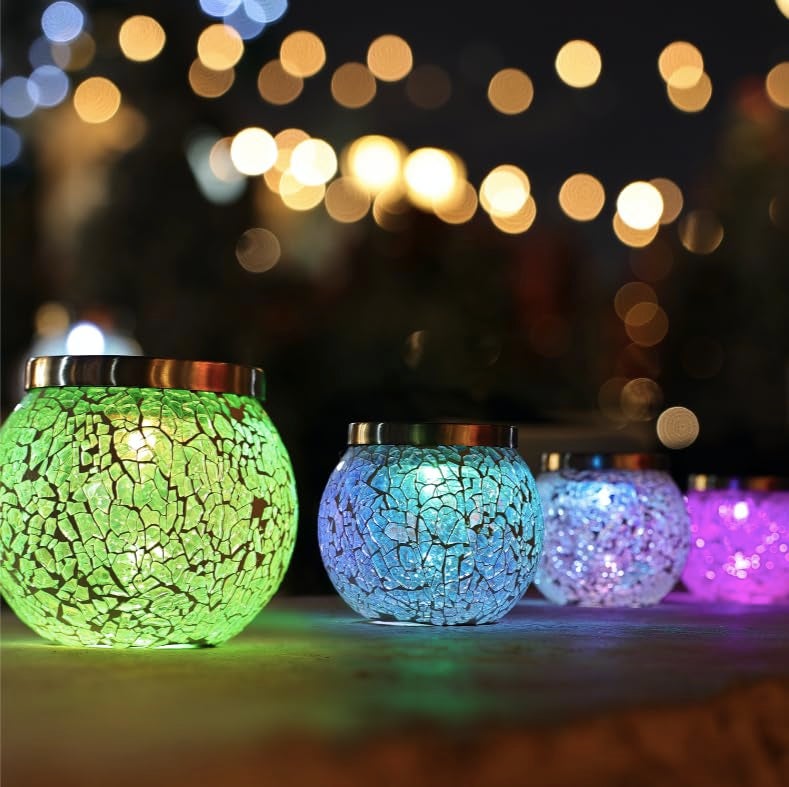 Cooo 2 Pack Gift for her him Heavy Solar Mosaic Crackle Glass Lights with Dual Solar Panels, Color-Changing RGB Lantern, Exclusive Dazzling Glass, Waterproof Outdoor Table Lamps Garden Lamp - Image 1