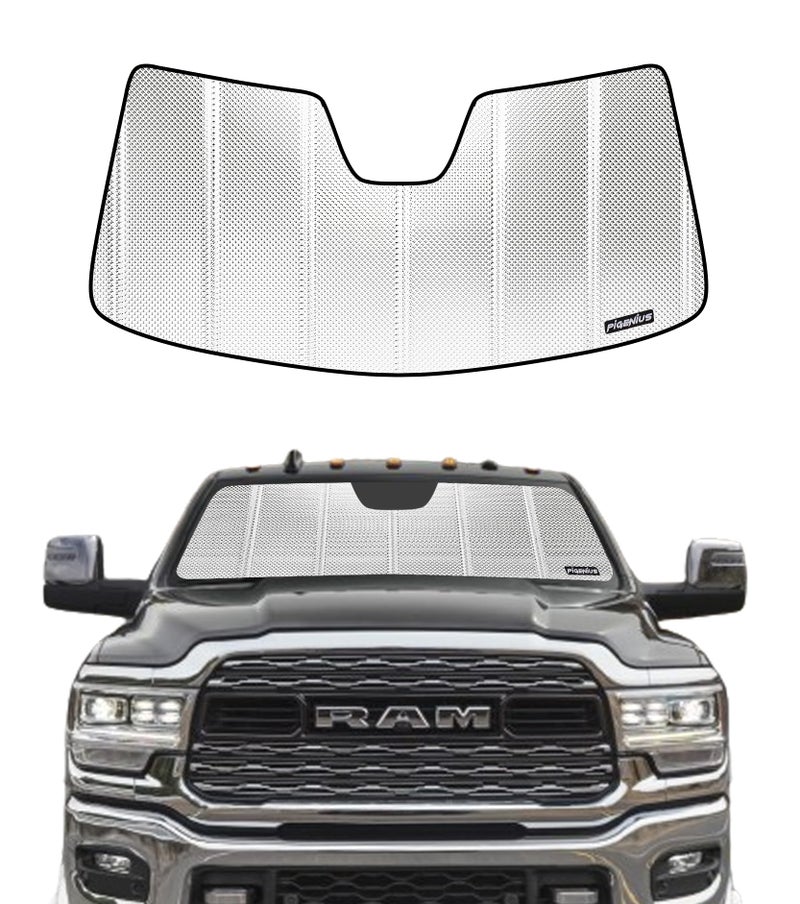 Pigenius Windshield Sun Shade for Ram 25003500 20192025 with 5 Inch Wide Sensor Reflective Aluminum Film Front Window Sunshade BLAZBLOCK