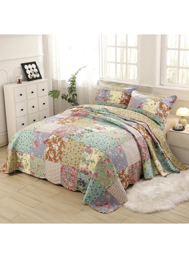 vctops Boho Patchwork Cotton Quilted Bedspread Quilt Set Queen Size 3 Pieces Soft Reversible Lightweight Coverlet Set Floral Print 1 Quilt and 2 Pillow Shams (Purple,Queen) - Image 2