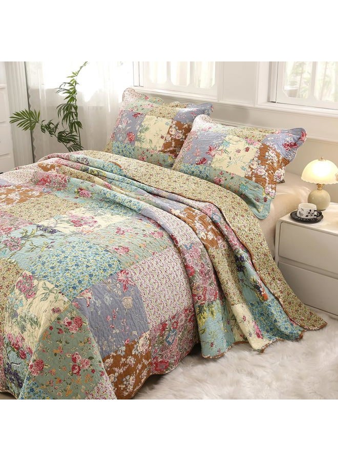 vctops Boho Patchwork Cotton Quilted Bedspread Quilt Set Queen Size 3 Pieces Soft Reversible Lightweight Coverlet Set Floral Print 1 Quilt and 2 Pillow Shams (Purple,Queen) - Image 4