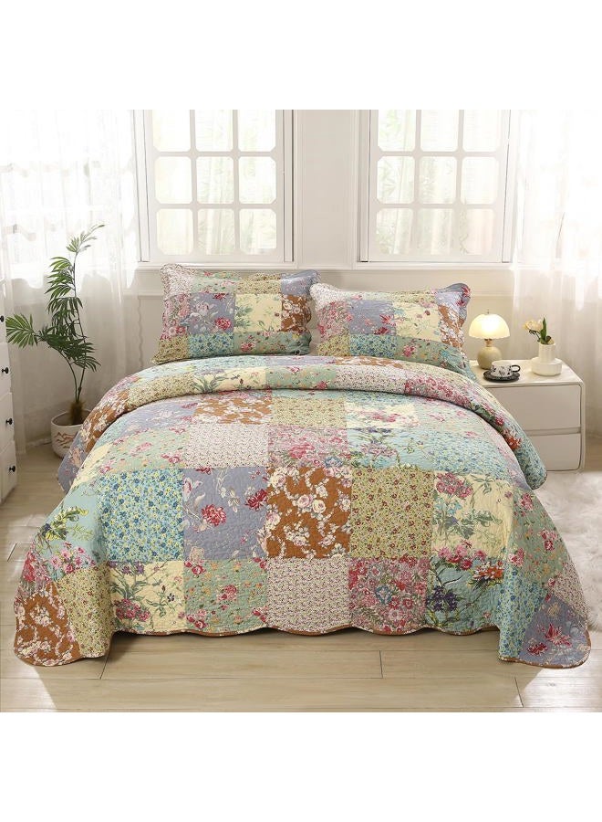 vctops Boho Patchwork Cotton Quilted Bedspread Quilt Set Queen Size 3 Pieces Soft Reversible Lightweight Coverlet Set Floral Print 1 Quilt and 2 Pillow Shams (Purple,Queen) - Image 1