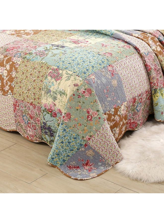 vctops Boho Patchwork Cotton Quilted Bedspread Quilt Set Queen Size 3 Pieces Soft Reversible Lightweight Coverlet Set Floral Print 1 Quilt and 2 Pillow Shams (Purple,Queen) - Image 5