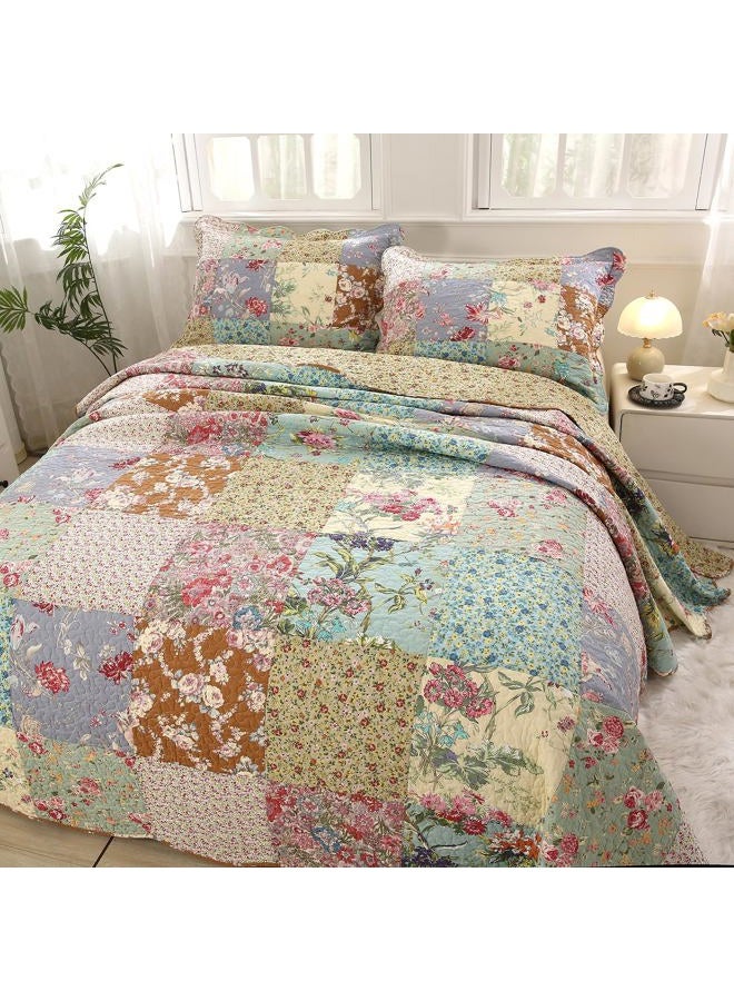 vctops Boho Patchwork Cotton Quilted Bedspread Quilt Set Queen Size 3 Pieces Soft Reversible Lightweight Coverlet Set Floral Print 1 Quilt and 2 Pillow Shams (Purple,Queen) - Image 3