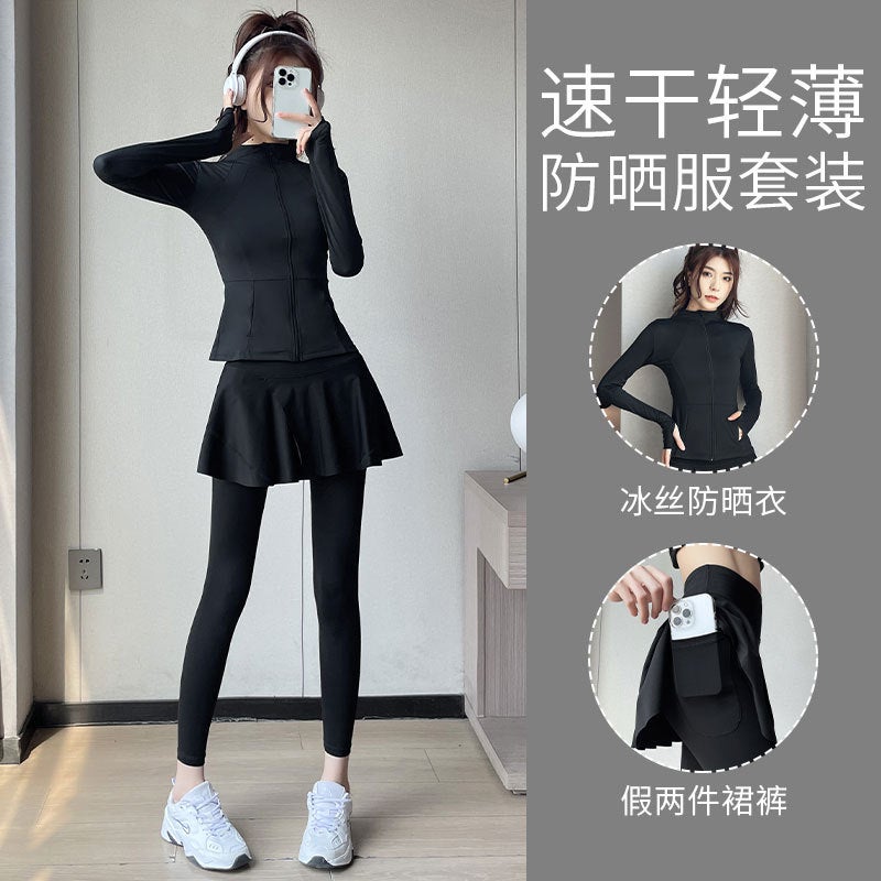 Sunscreen suit Womens Autumn 2024 New Running Morning Running Clothes Fashion Outdoor Quick-drying Fitness Clothes Yoga Culottes Suit/classic black + black 
