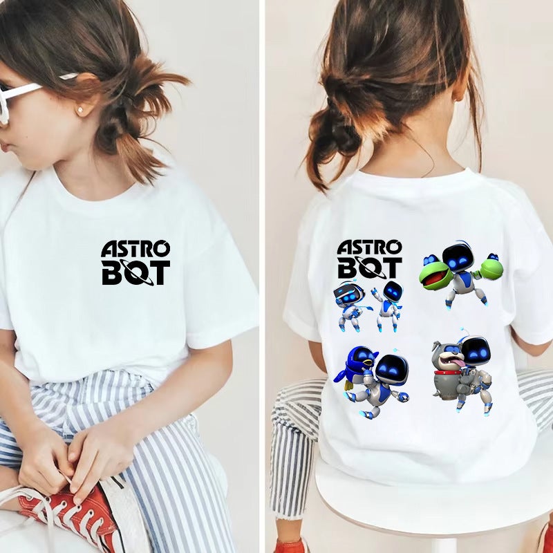 تي شيرت أبيض للأطفال صغير ومتوسط بكم قصير بتصميم كرتوني لروبوت الفضاء أسترو بوت - Image 1
