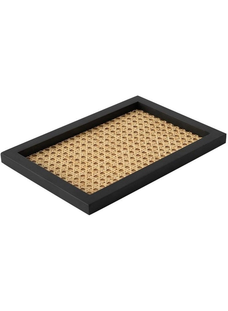 Home simple Japanese style wooden tray perfume jewelry storage tray solid wood frame bamboo rattan decorative tray (Color : Black rectangle) - Image 1