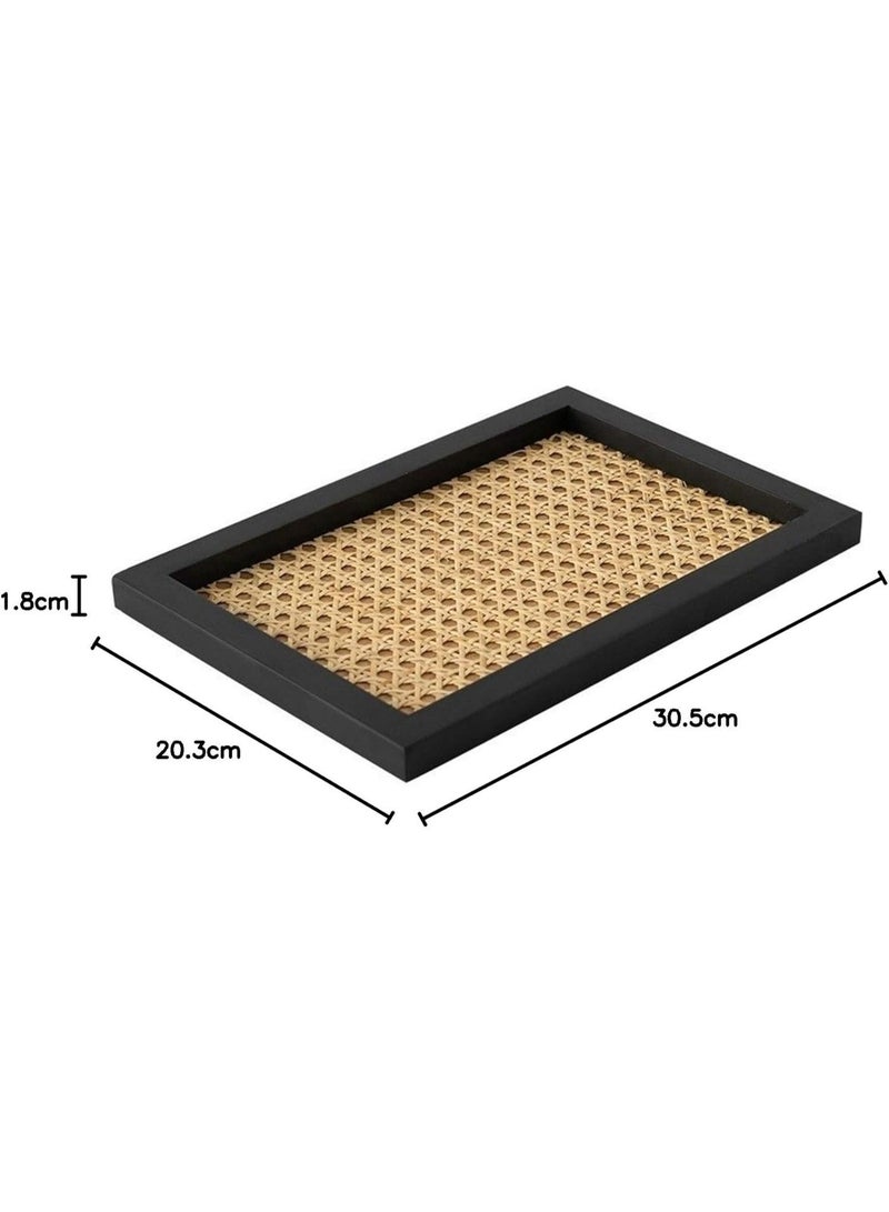 Home simple Japanese style wooden tray perfume jewelry storage tray solid wood frame bamboo rattan decorative tray (Color : Black rectangle) - Image 4
