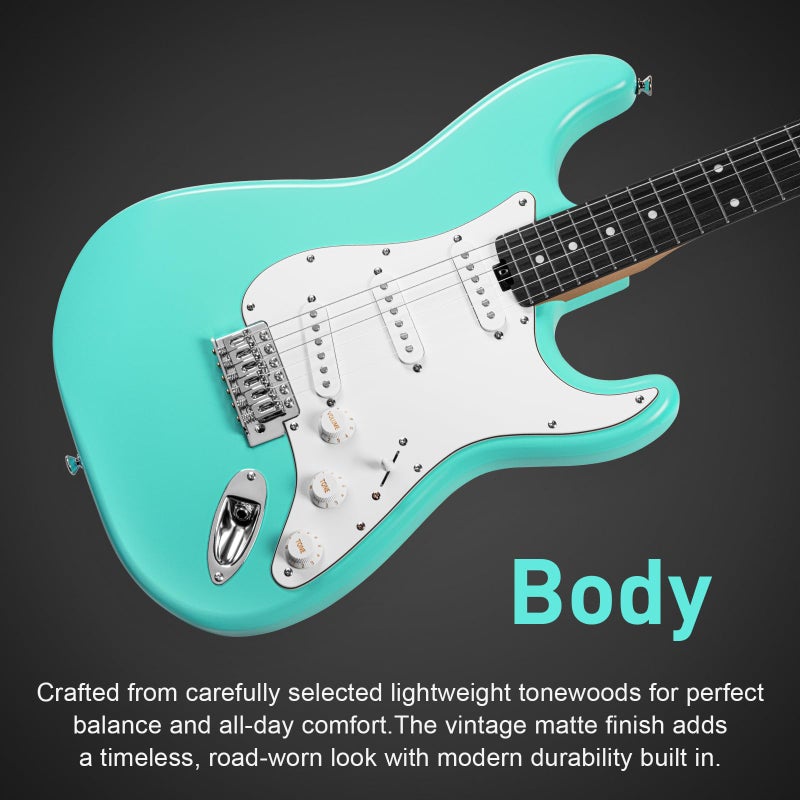 Sonicake Electric Guitar, 39" Beginner Electric Guitar, Classic SSS Pickup, Tremolo Bridge, Full-Size Lightweight Body, Rounded Fret Ends, Heel Adjustment Truss Rod (Sea Bubble Green) - Image 4