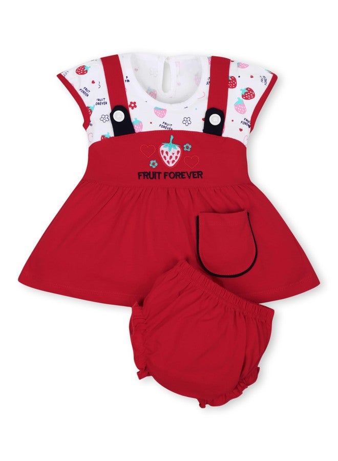 FEBVIBE Pure Cotton Embroidered Round Neck Baby Girl Frock and Panty Set | Short Sleeve Fit and Flare Frock Dress Ideal for Baby Girls Party and Festival (9-12 Month, Red) - Image 1
