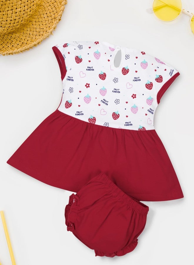 FEBVIBE Pure Cotton Embroidered Round Neck Baby Girl Frock and Panty Set | Short Sleeve Fit and Flare Frock Dress Ideal for Baby Girls Party and Festival (9-12 Month, Red) - Image 2