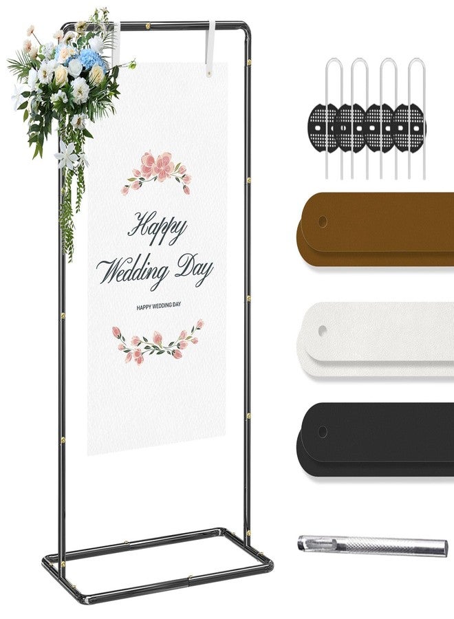 LIFENCE Blcak Wedding Sign Holder Adjustable Welcome to Our Wedding Sign Stand 68”x31”x 20” with 6 Leather Sign Hanging Straps +1 Storage Bag, Heavy Duty Metal Easel for Outdoor Wedding Signs, Includes Ground - Image 1