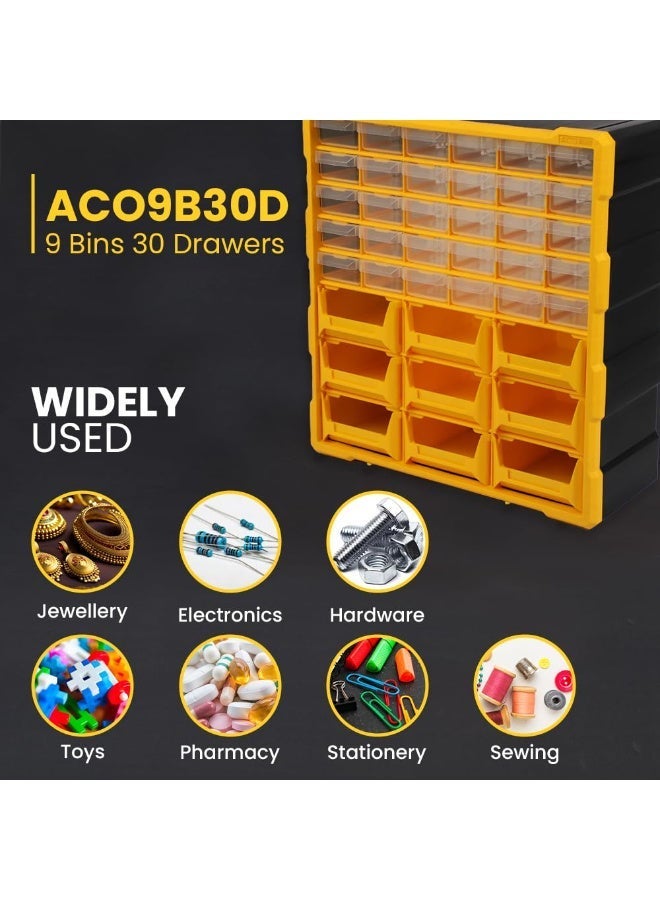 Alkon Plastic Component Organizer with 9 Bins and 30 Drawers ACO 9B30D Small Parts Storage Unit | Organization Cabinet | Office Supplies | Stationary | Nuts, Screws & Bolts | Small Hardware | Workshop & Garage | DIY | Hobbies | Crafts | LEGO | Toys | Collectables | Sewing | Jewellery | Pharmacy | Medicine | Clinic | Hospital | Shop | Mobile | Electronics | Cables - Image 5