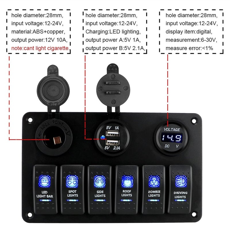 Wivplex 6 Gang Rocker Switch Panel with Dual USB Ports - Image 4