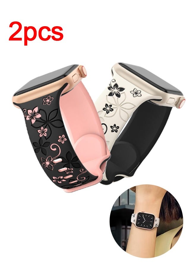 بولوز 2 جهاز كمبيوتر شخصي لحزام ساعة آبل ، فرق محفورة بالزهور متوافقة مع فرقة ساعة آبل 41 مم 40 مم 42 مم 38 مم للنساء ، فرق الزهور اللطيفة iWatch ناعمة السيليكون الرياضي - Image 1