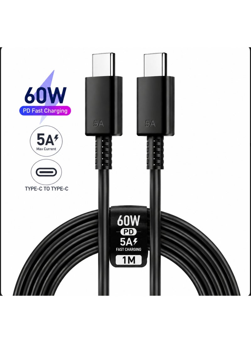 60W 5A PD Fast Charging Type-C to Type-C Cable, Extra Durable USB-C Data Sync Cord for Samsung Galaxy S24/S23 (1m, Black) - Image 1