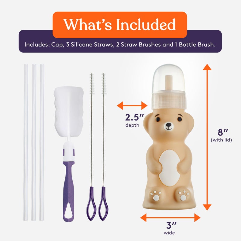 Special Supplies Honey Bear Straw Cup Long Straws, Squeezable Therapy and Special Needs Assistive Drink Container, Spill Proof and Leak Resistant Lid (Pack of 1 Bottle and 3 Straws) (Brown) - Image 2