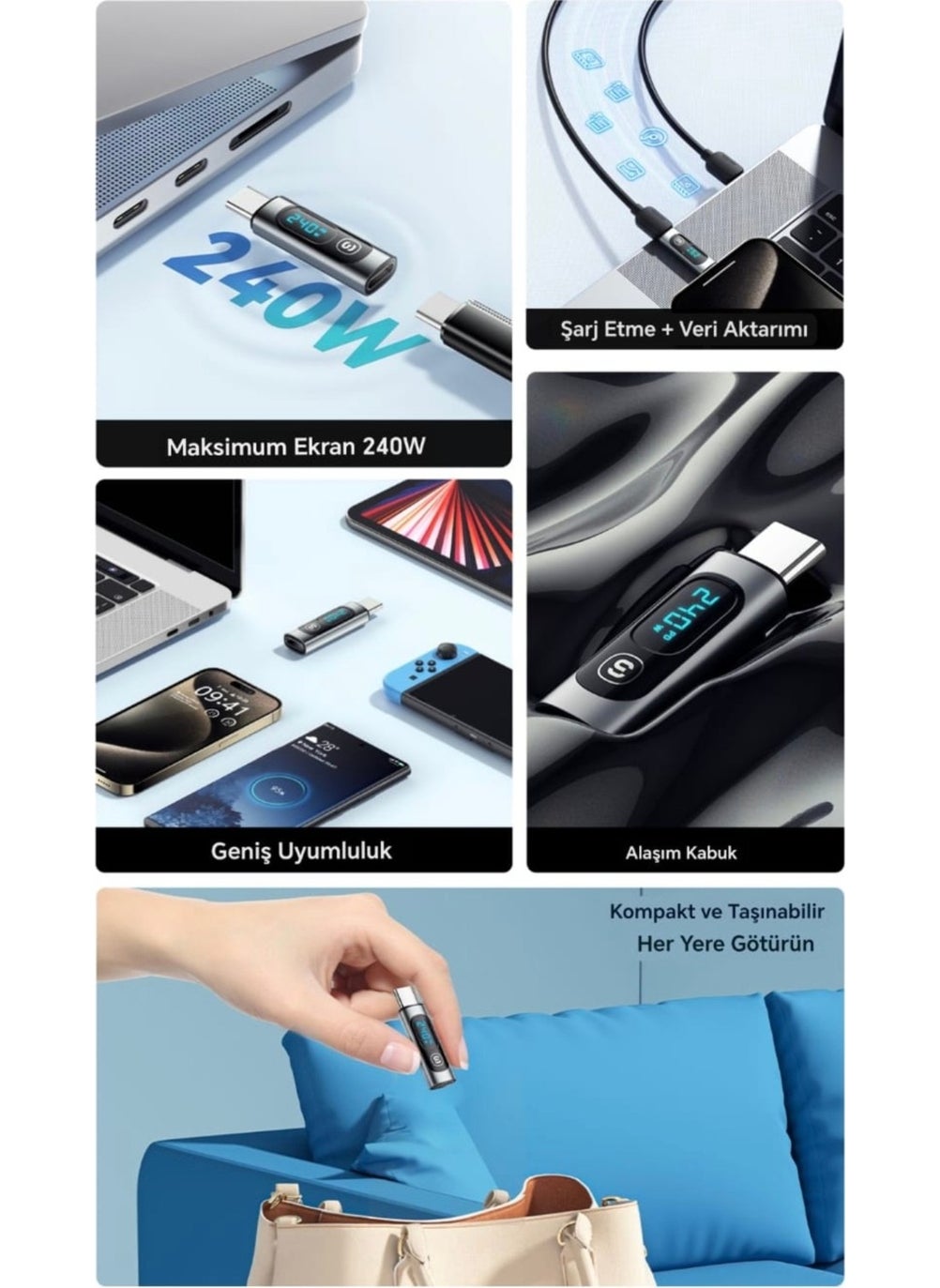 ESSAGER - Type-C To Type-C 240W Fast Adapter Converter Digital Display Latest Generation Technology - Image 1