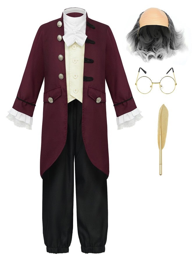 JerrisApparel Boys Colonial Costume Founding Father 18th Century Historical Outfit Halloween School Play (7-8 years/140cm, Burgundy) - Image 1
