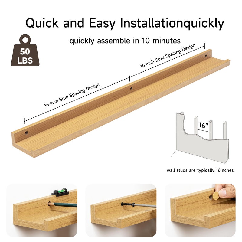 Fun Memories Picture Ledge Shelf, 36 Inch Floating Shelves Set of 2, Nursery Book Shelves for Toys Storage, Kids Bookshelf Wall Mounted for Wall Decor Books Photo Frames, Oak - Image 5