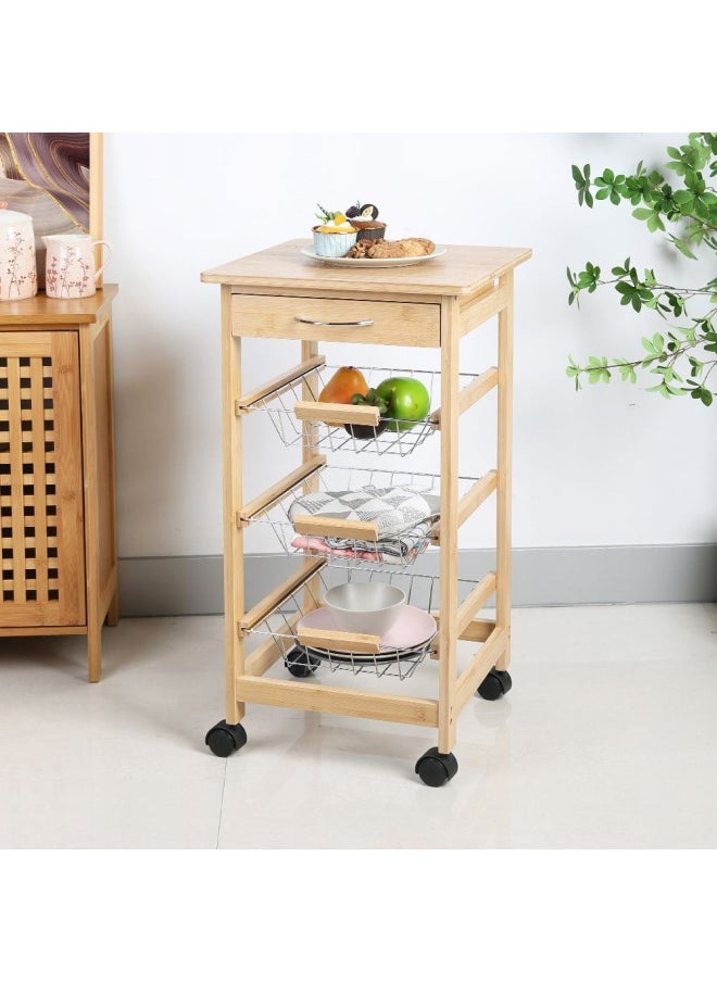 DANUBE HOME Loretta 3 Tier Tolley 3 Tier Kitchen Storage Rack Serving Trolley bamboo top Bamboo Trolley with Wheels Multipurpose Movable Serving Cart Storage Shelf 37 x 37 x 71 Hcm  - Image 2