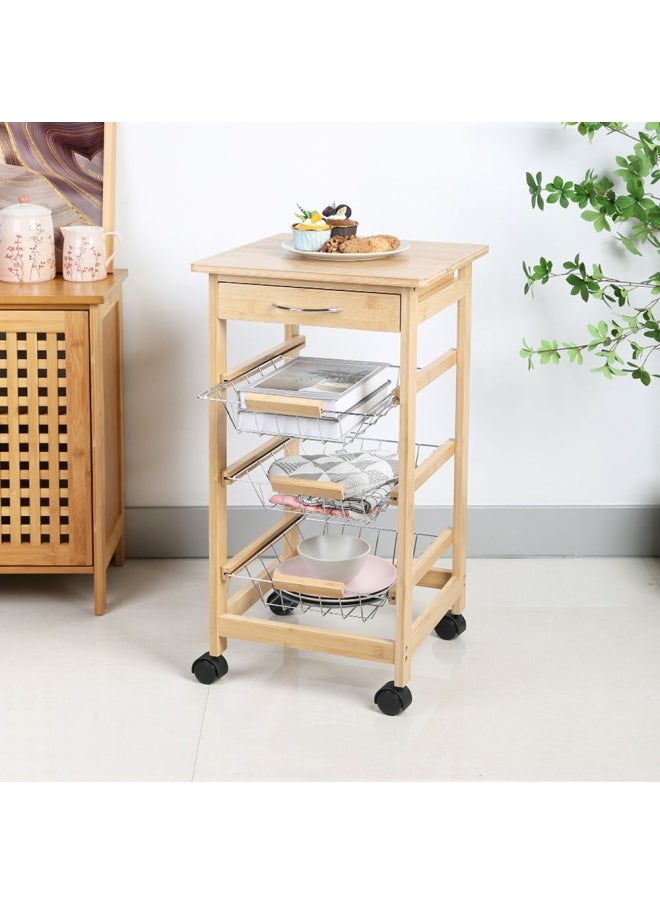 DANUBE HOME Loretta 3 Tier Tolley 3 Tier Kitchen Storage Rack Serving Trolley bamboo top Bamboo Trolley with Wheels Multipurpose Movable Serving Cart Storage Shelf 37 x 37 x 71 Hcm  - Image 1