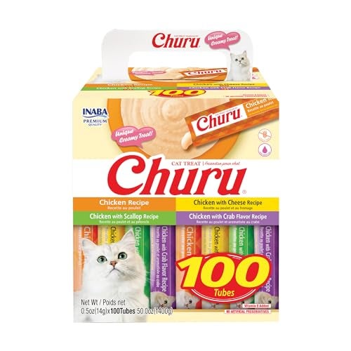 INABA Churu Cat Treats, Lickable, Squeezable Creamy Purée with Vitamin E, 0.5 Ounces per Tube, 100 Tubes Total, Chicken Variety - Image 1
