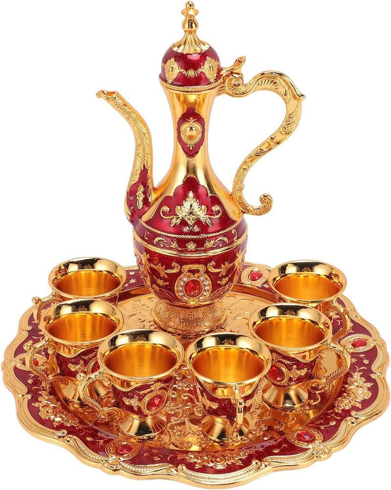 Vintage Coffee Pot Set, European Wine Pot Kit with 6 Cups, Zinc Alloy Teapot Tea Service Set for Wedding Birthday Gift, Elegant Metal Coffee and Wine Serving Tray (Gold Red) - Image 5