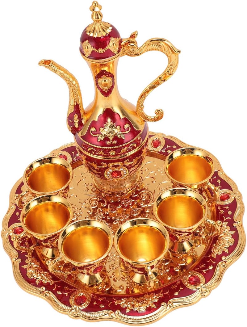 Vintage Coffee Pot Set, European Wine Pot Kit with 6 Cups, Zinc Alloy Teapot Tea Service Set for Wedding Birthday Gift, Elegant Metal Coffee and Wine Serving Tray (Gold Red) - Image 3