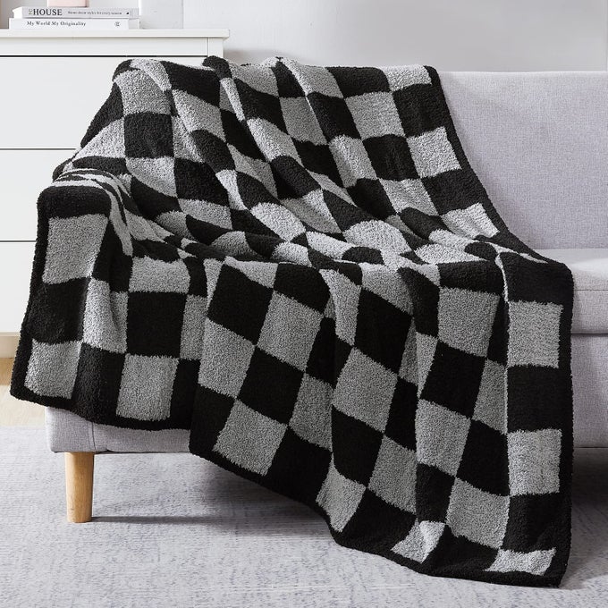 CHECKERED THROW BLANKET BLACK GREY CHECKERED SOFT COZY FLUFFY WARM HAND MADE WEAVE THROW BLANKETS FOR COUCH SOFA CHAIR BED PICNICTRAVEL LIGHTWEIGHT BED BLANKET 60 80