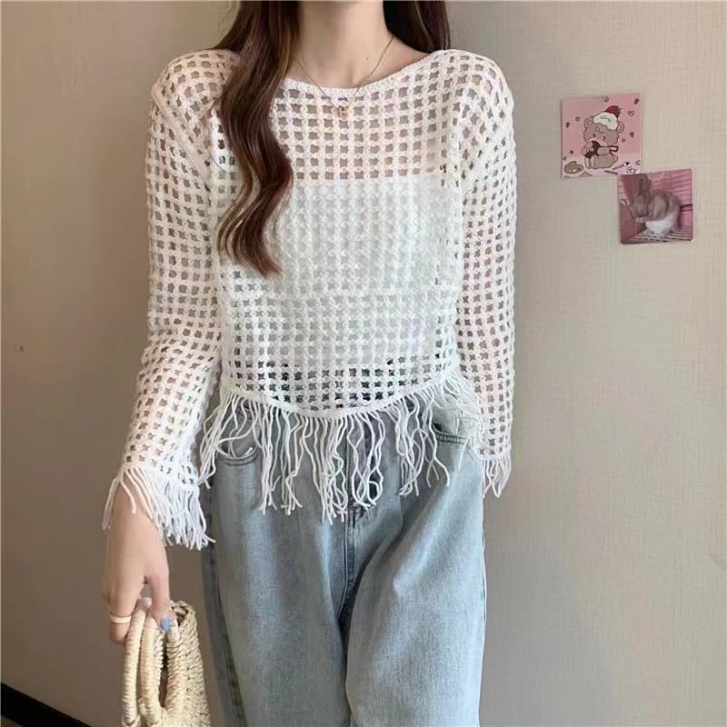ICW Women's Knitted Cut Work Transparent Crochet Sheer Hollow Out Long Sleeve Crop Top T-Shirt 45 (White 4) - Image 3