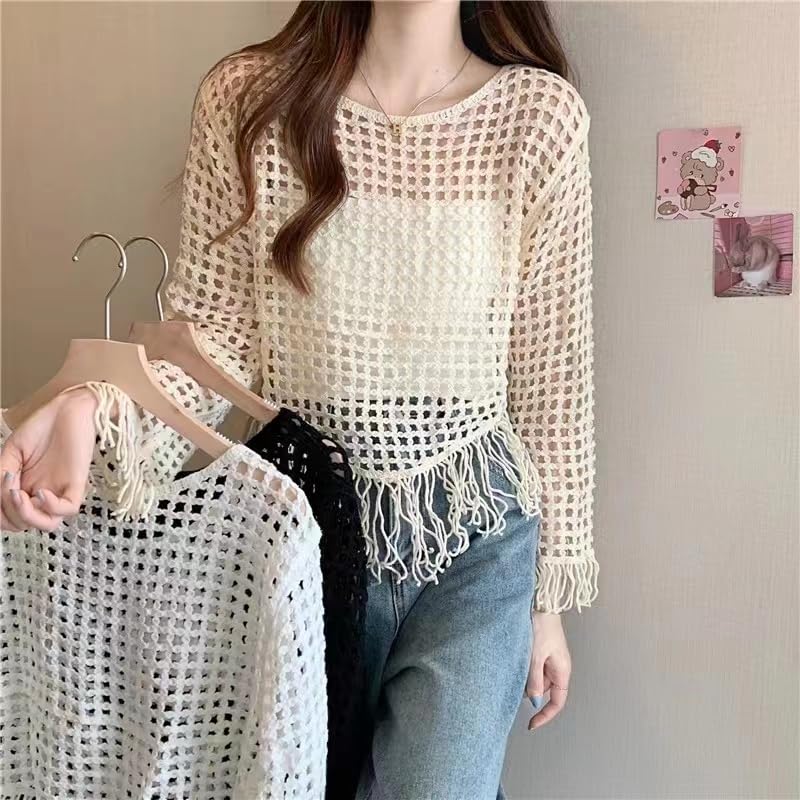 ICW Women's Knitted Cut Work Transparent Crochet Sheer Hollow Out Long Sleeve Crop Top T-Shirt 45 (White 4) - Image 2
