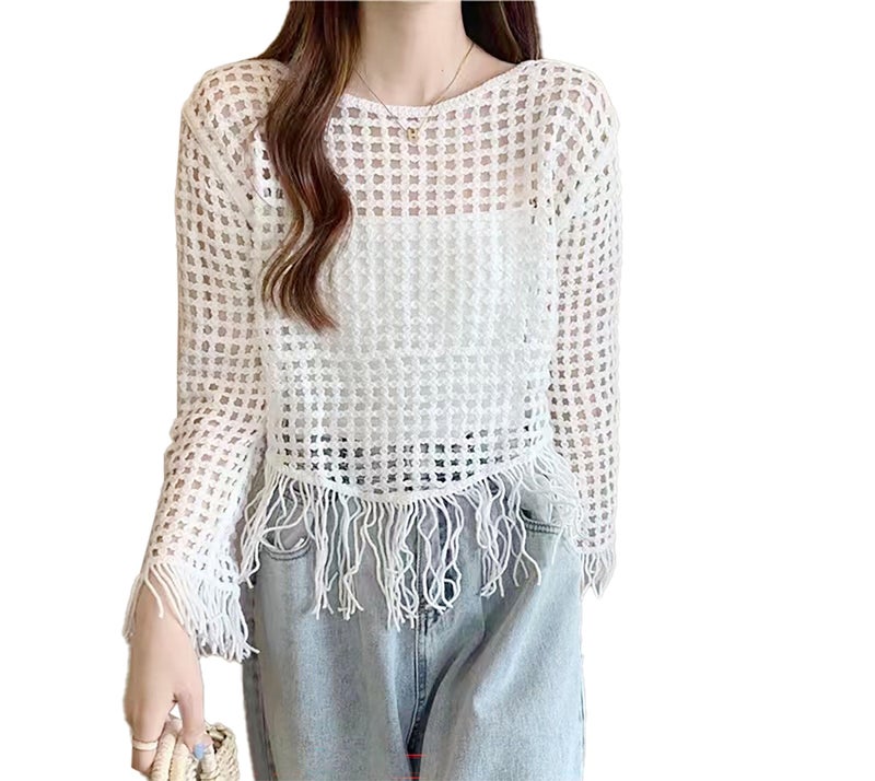 ICW Women's Knitted Cut Work Transparent Crochet Sheer Hollow Out Long Sleeve Crop Top T-Shirt 45 (White 4) - Image 5