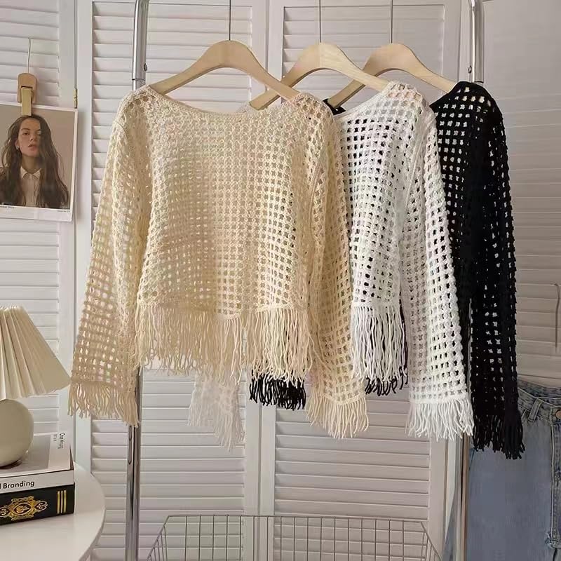 ICW Women's Knitted Cut Work Transparent Crochet Sheer Hollow Out Long Sleeve Crop Top T-Shirt 45 (White 4) - Image 4