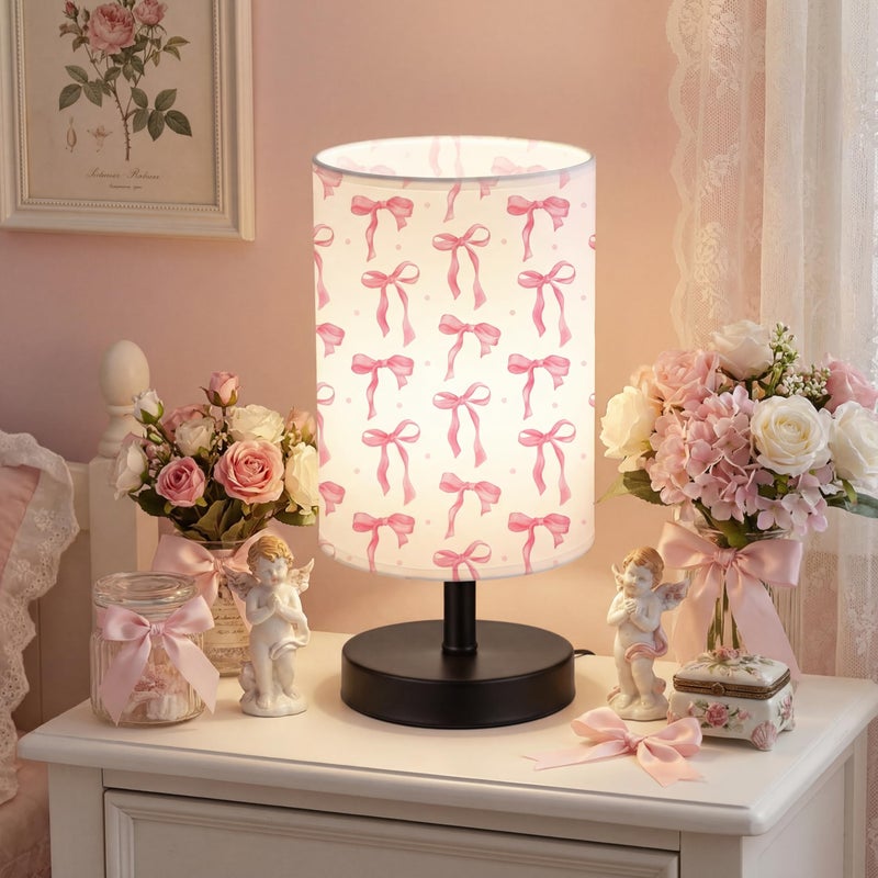 Glooglitter Pink Bow Table Lamp Gifts 3 Colors Dimmable Lights 11.02 x 5.12 Inch Night Light Bedside Lamps Decoration for Bedroom Desk Birthday Gifts for Home Decor - Image 1