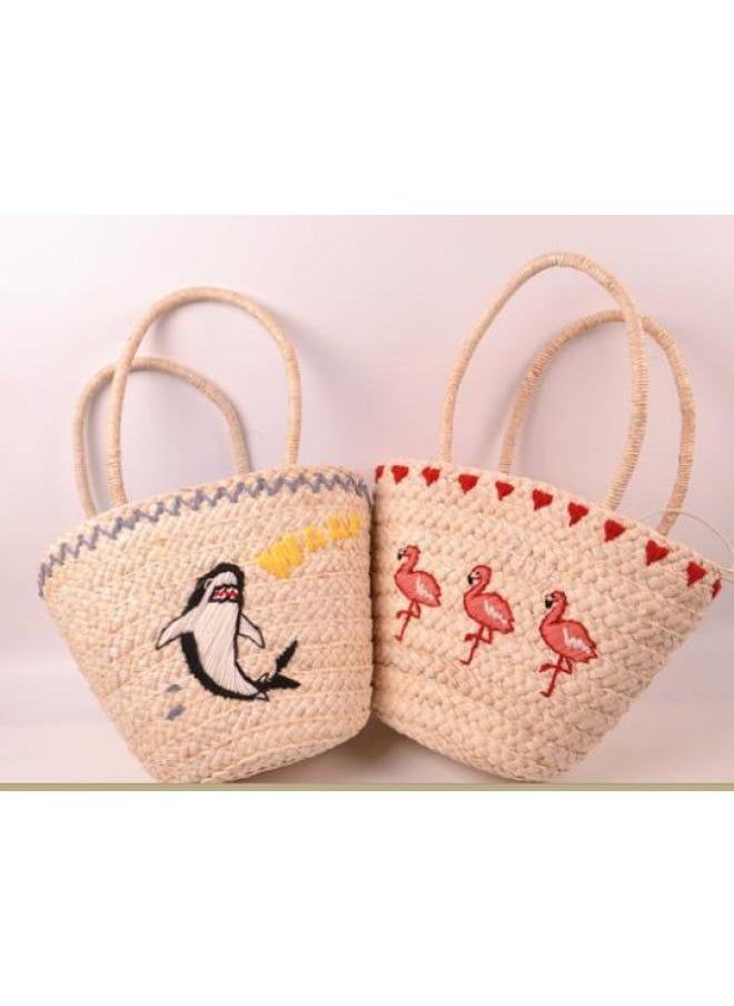 Loquat Fukai Corn Leather Bag Summer Embroidered Straw Woven Bag Holiday Beach Bag Woven Bag Shoulder Bag Women's Bag-Color:Dolphins  - Image 3