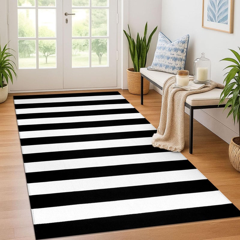 KOZYFLY Black and White Striped Area Rug 4x6 Ft Outdoor Rug Washable Indoor Outdoor Rug Hand Woven Cotton Door Mat Outdoor Entrance Mat for Front Door Kitchen Entryway Patio Front Porch Decor - Image 1