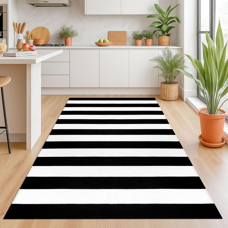 KOZYFLY Black and White Striped Area Rug 4x6 Ft Outdoor Rug Washable Indoor Outdoor Rug Hand Woven Cotton Door Mat Outdoor Entrance Mat for Front Door Kitchen Entryway Patio Front Porch Decor - Image 3