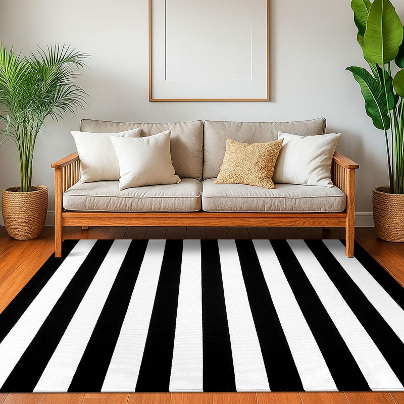 KOZYFLY Black and White Striped Area Rug 4x6 Ft Outdoor Rug Washable Indoor Outdoor Rug Hand Woven Cotton Door Mat Outdoor Entrance Mat for Front Door Kitchen Entryway Patio Front Porch Decor - Image 2