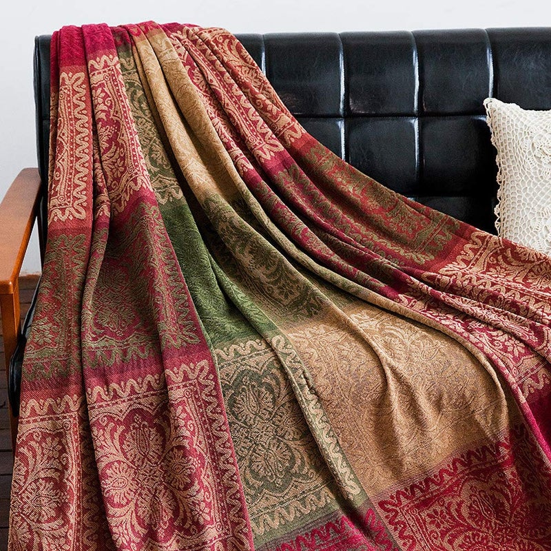 AIVIA Boho Sofa Couch Throw Blanket Slipcover Bed Recliner Chair Throws Sofa Cover Colorful Chenille Woven Bohemian Decor  Large Oversized 87 x 103 Green Wine Red