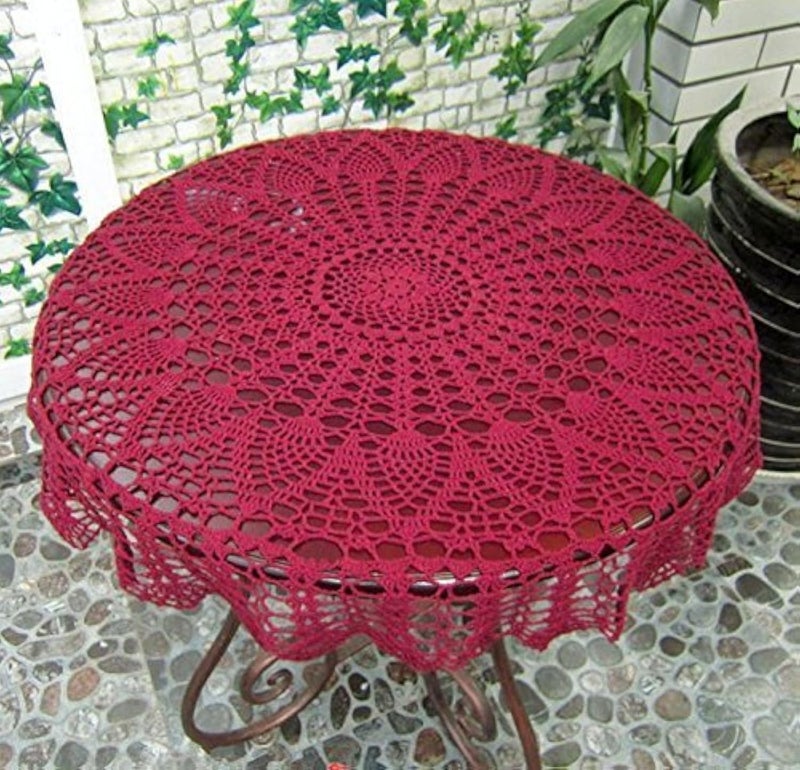 USTIDE Small Round Table Cloth Handmade Crochet Tablecloths for Wedding Decorative Roundtable Doilies Cotton Tablecloth Flowers Burgundy Tablecloth 31 Inches - Image 1