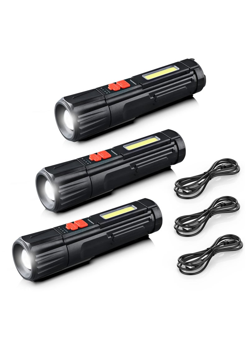 SYOSI مصباح يدوي SYOSI القابل لإعادة الشحن عبر USB، 3 عبوات مصابيح COB LED صغيرة، مصابيح يد محمولة مقاومة للماء قابلة للتكبير مع 5 أوضاع، مصابيح قوية ذات سطوع عالٍ للتخييم والأنشطة الخارجية والمشي في الطبيعة والطوارئ - Image 1