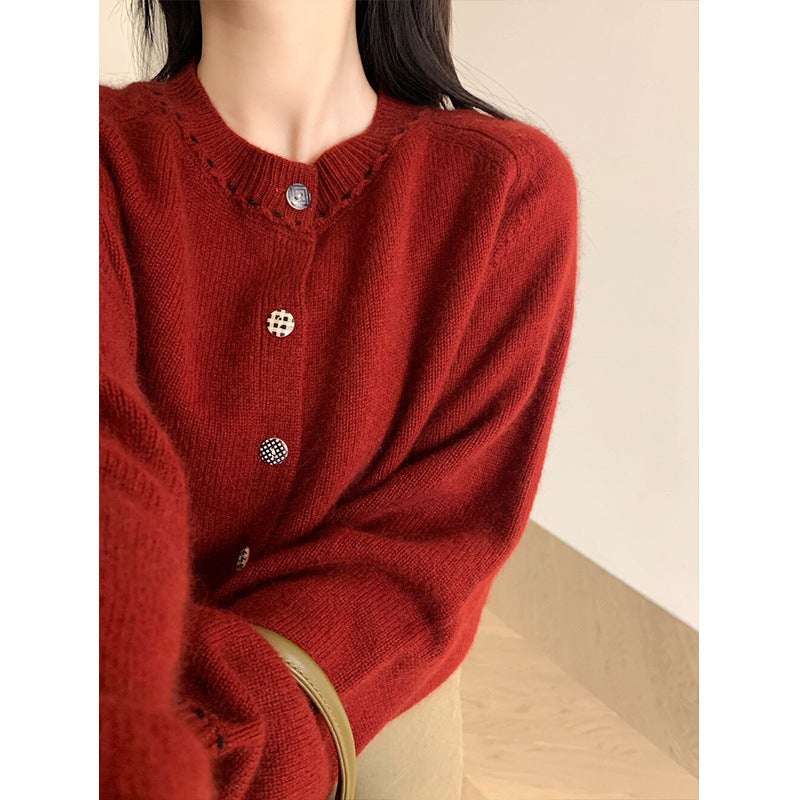 Gray Knit Cardigan Round Neck Long Sleeve Casual Sweater Red follow the store for priority