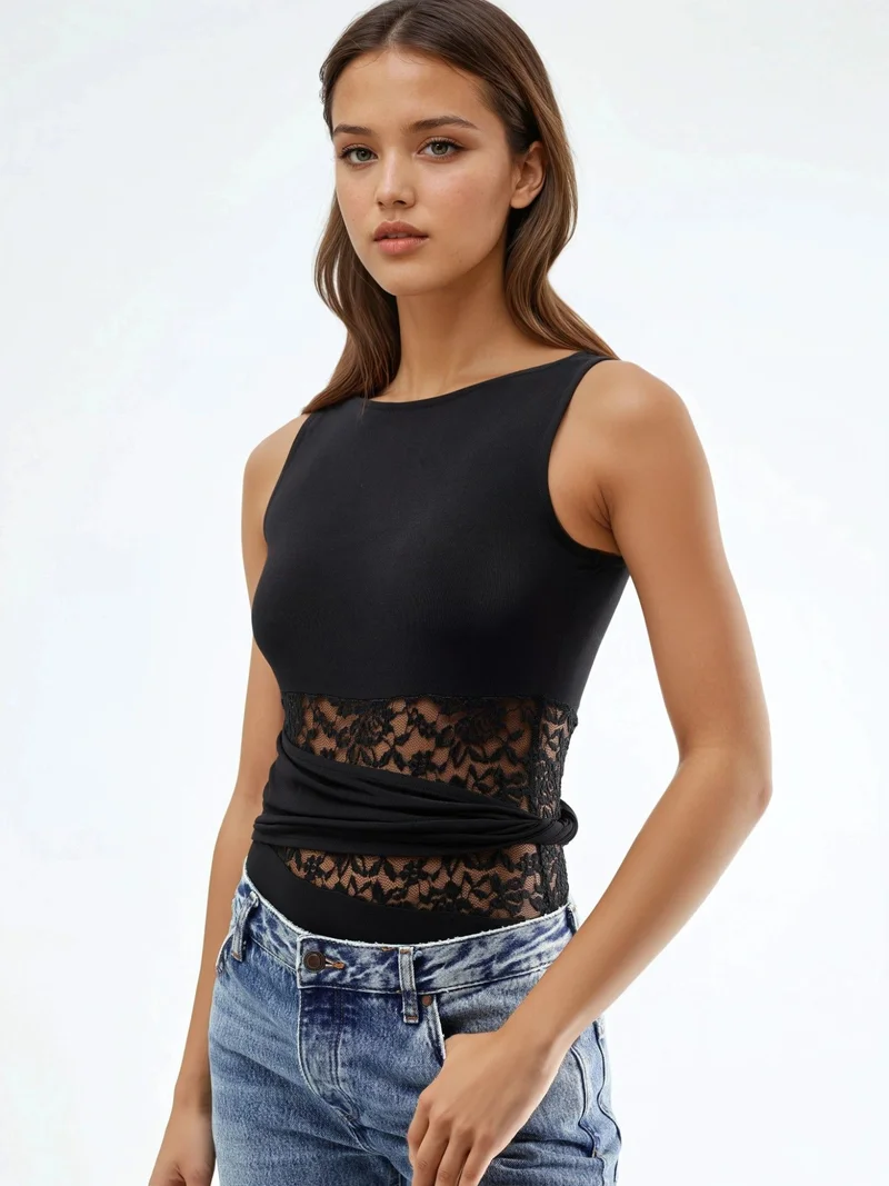 HICCUP Black Cut Out Lace Detailed Bodysuit for Women | Best Price UAE